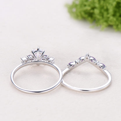 Unique White Opal Engagement Ring Set Alternative Cluster Amethyst Fire Opal Wedding Ring Vintage  Bee Opal Amethyst Bridal Set For Women