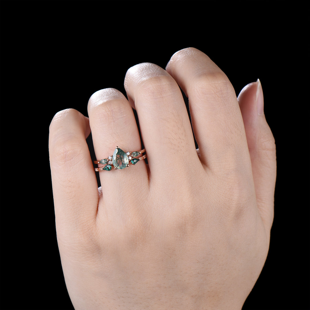 Vintage Pear Shaped Natural Moss Agate Engagement Ring Set 14K Rose Gold Marquise Emerald Opal Wedding Bridal Set Unique Anniversary Gift