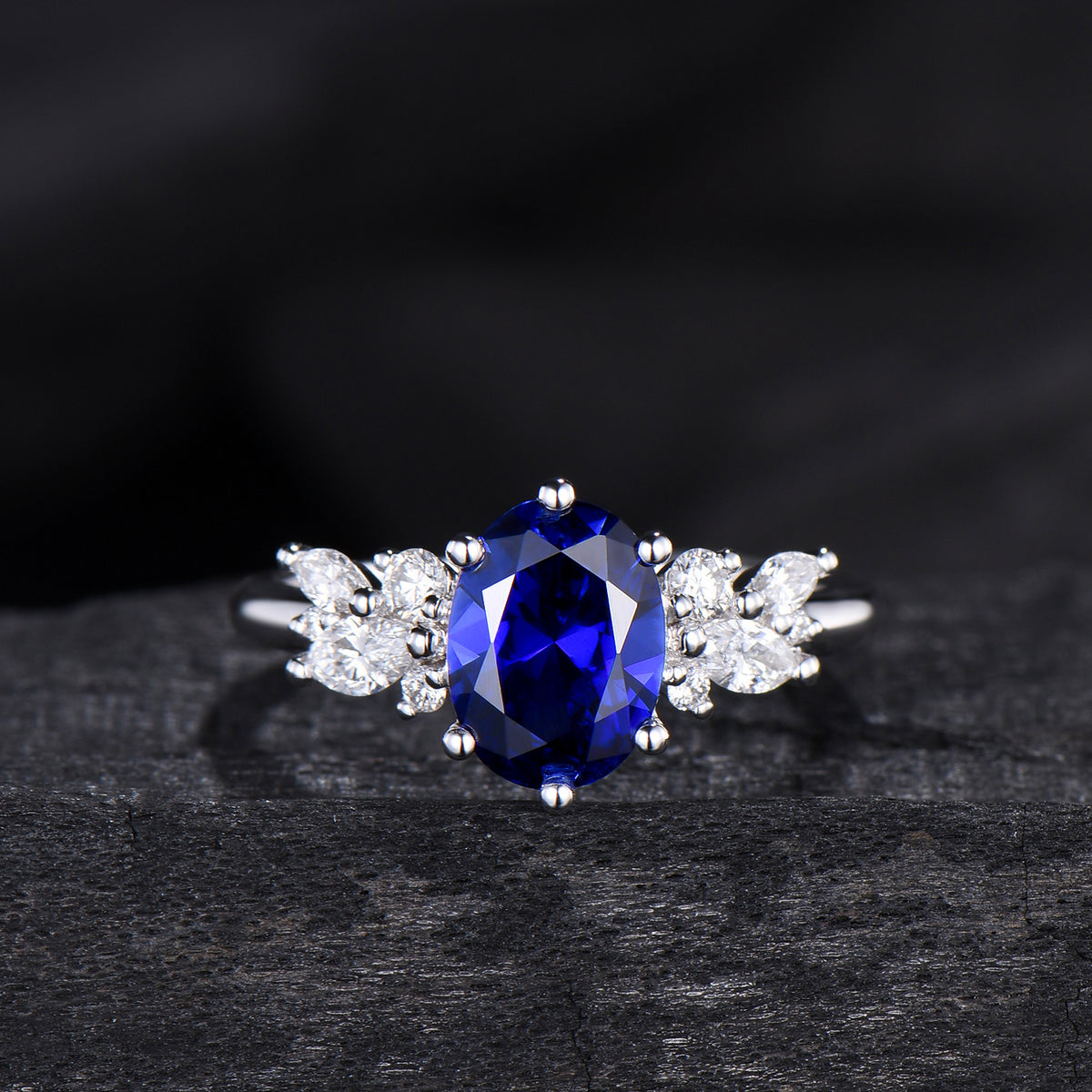 Oval Sapphire Wedding Ring Set Rose Gold Sapphire Diamond Engagement Ring Set Vintage Leaf Stacking Ring Natural Inspired Promise Ring - PENFINE
