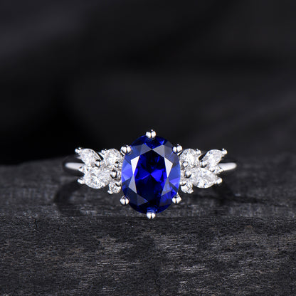 Oval Sapphire Wedding Ring Set Rose Gold Sapphire Diamond Engagement Ring Set Vintage Leaf Stacking Ring Natural Inspired Promise Ring - PENFINE
