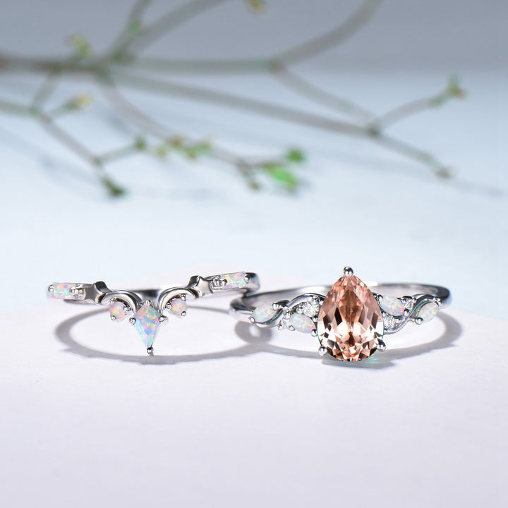 Pear Shaped Natural Morganite Opal Engagement Ring Set: The Fae Queen's Teardrop Nesting Ring - PENFINE