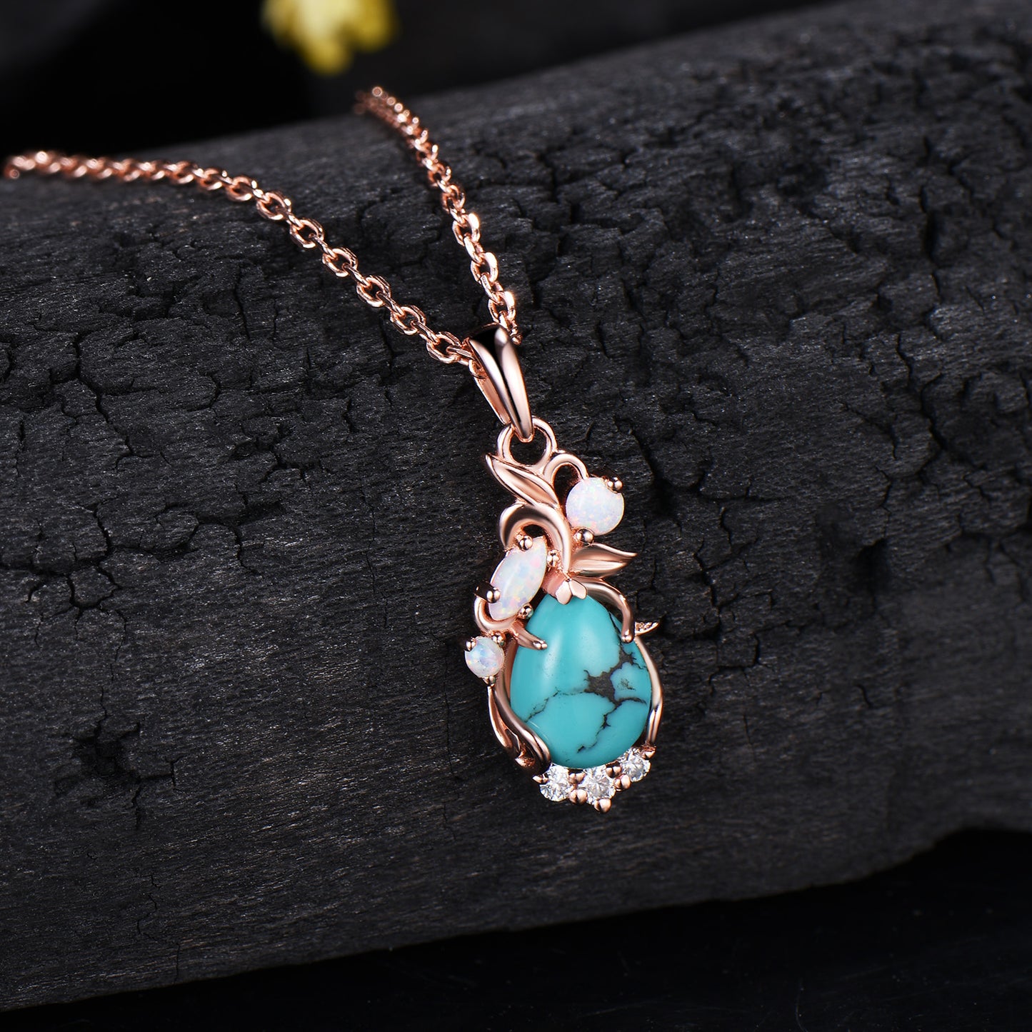 1.25CT Teardrop Cut Turquoise Leaf Wedding Necklace White Opal Branch Pendant