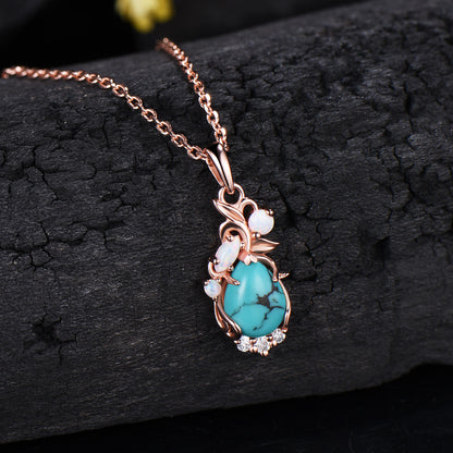 1.25CT Teardrop Cut Turquoise Leaf Wedding Necklace White Opal Branch Pendant