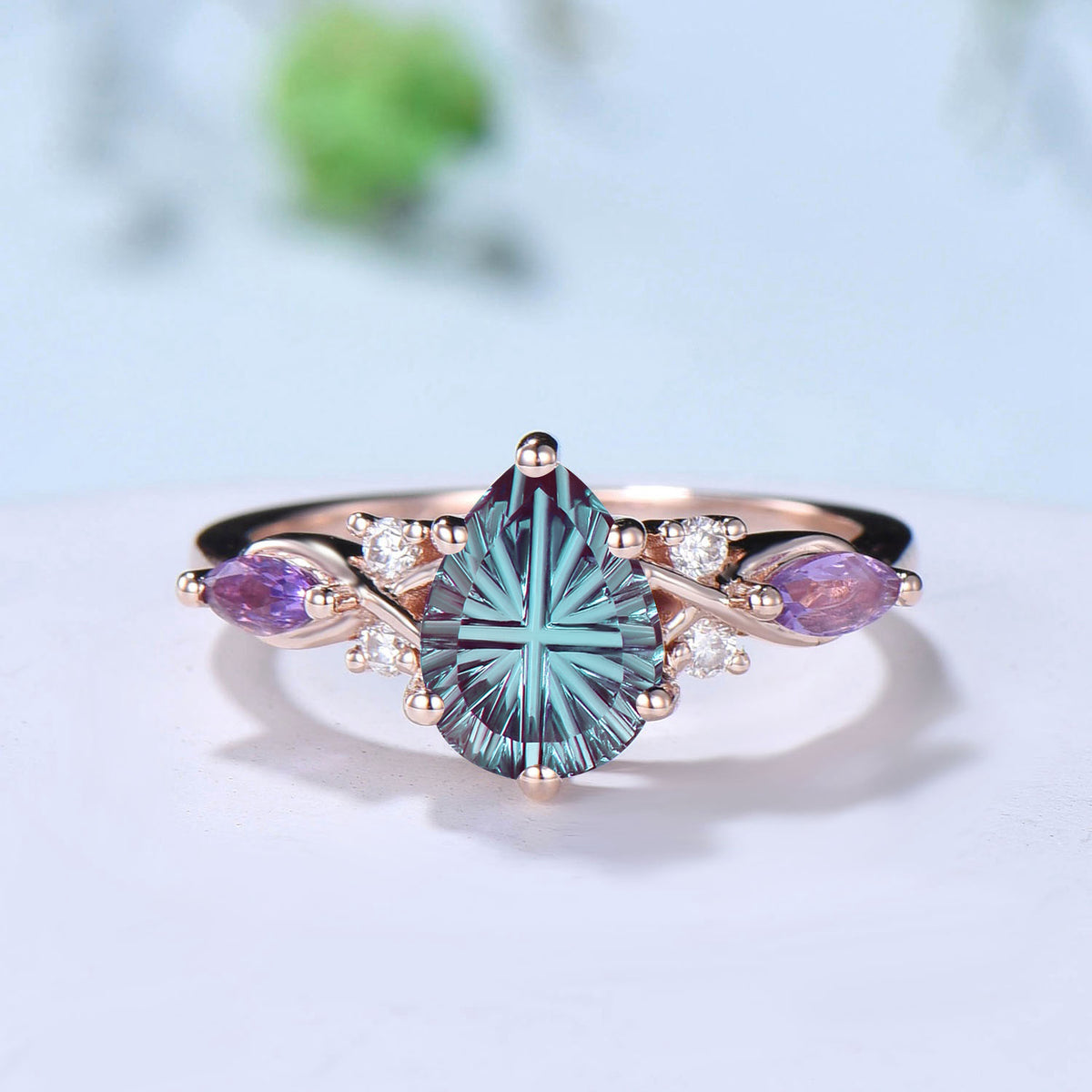 Pear Shaped Fantasy Cut Color-change Alexandrite Wedding Ring Amethyst Diamond Bridal Set