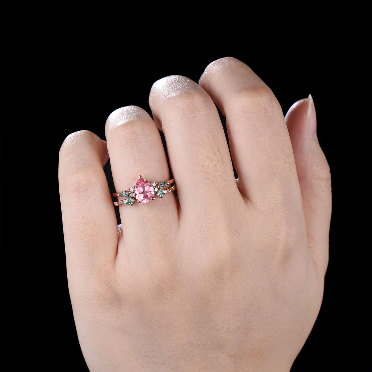 1.25 CT Pear Shaped Padparadscha Sapphire Engagement Ring Set, Cluster Kite & Marquise Moss Agate