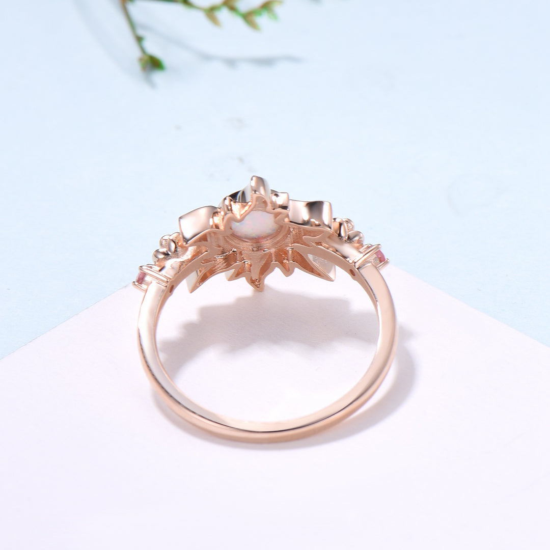 Sunflower ring round fire opal engagement ring nature inspired pink tourmaline wedding ring vintage flower anniversary promise ring for wife - PENFINE