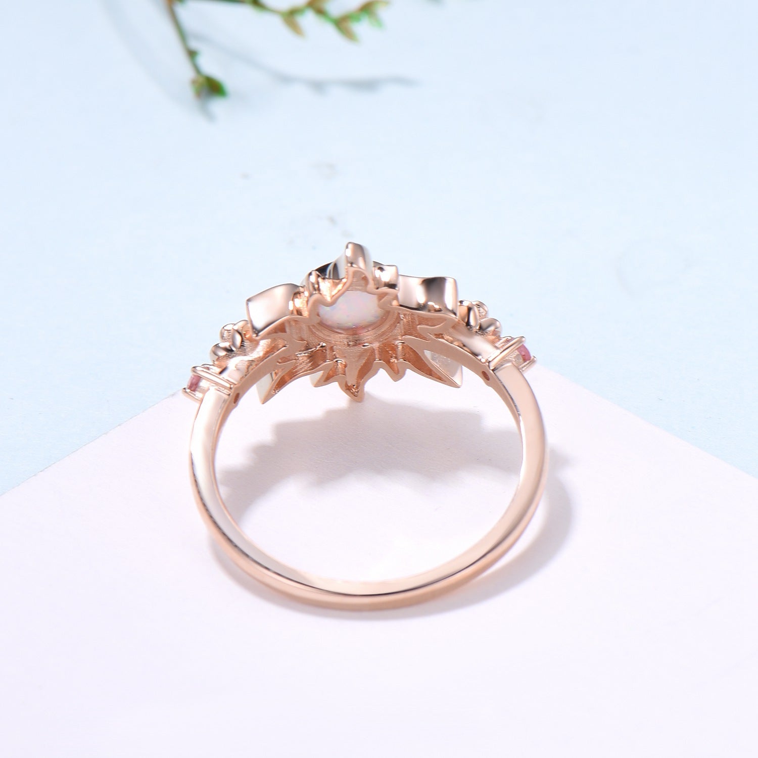 Sunflower ring round fire opal engagement ring nature inspired pink tourmaline wedding ring vintage flower anniversary promise ring for wife - PENFINE