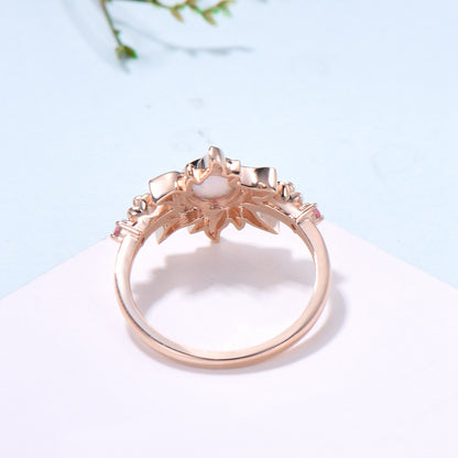 Sunflower ring round fire opal engagement ring nature inspired pink tourmaline wedding ring vintage flower anniversary promise ring for wife - PENFINE