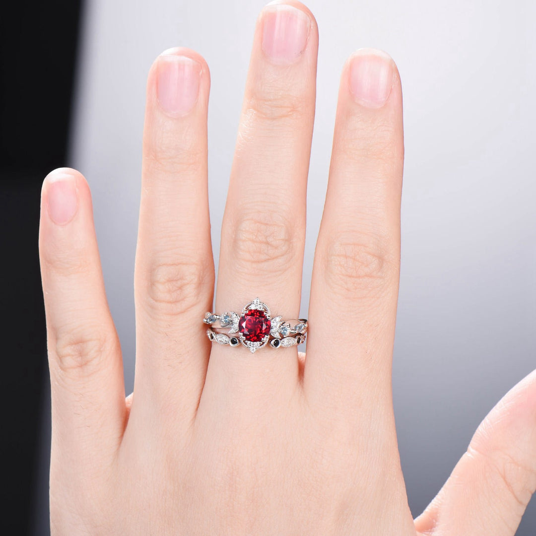 Crescent Moon Ruby Engagement Ring Set Unique Nature Inspired Swiss Topaz Wedding Ring Open Gap Black Spinel Stacking Bridal Ring Set Women - PENFINE