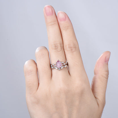 New Starburst Cut Padparadscha Sapphire Engagement Ring Set: Nature Inspired Leaf Twig Bridal Set