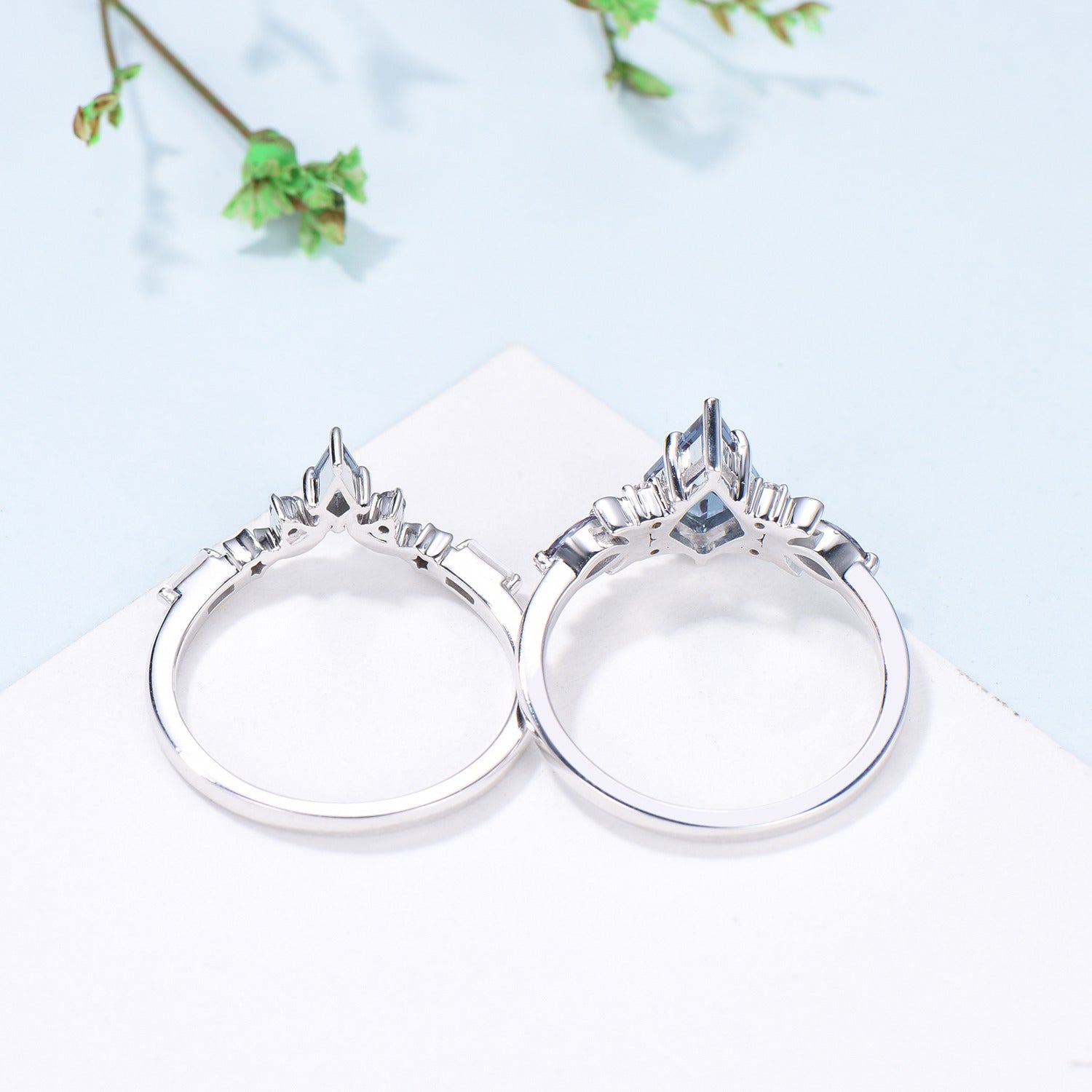 Crescent Moon kite cut alexandrite engagement ring set silver white gold art deco marquise color change birthstone ring 2pcs star bridal set - PENFINE
