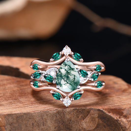 Pear Cut Moss Agate Engagement Ring Set Rose Gold Emerald Cluster Enhancer Bridal Set
