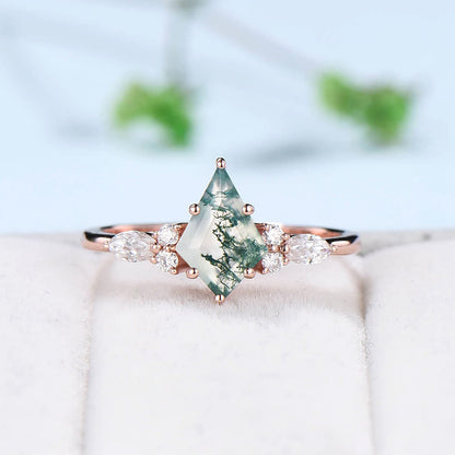 Vintage moss agate ring rose gold unique Kite cut aquatic agate engagement ring cluster alexandrite moissanite gold bridal wedding ring set - PENFINE