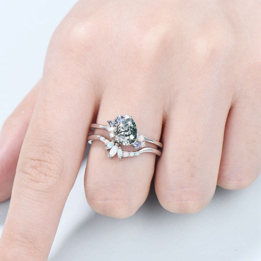 Vintage Pear moss agate ring set white gold silver unique agate engagement ring cluster alexandrite wedding ring set opal stacking band - PENFINE