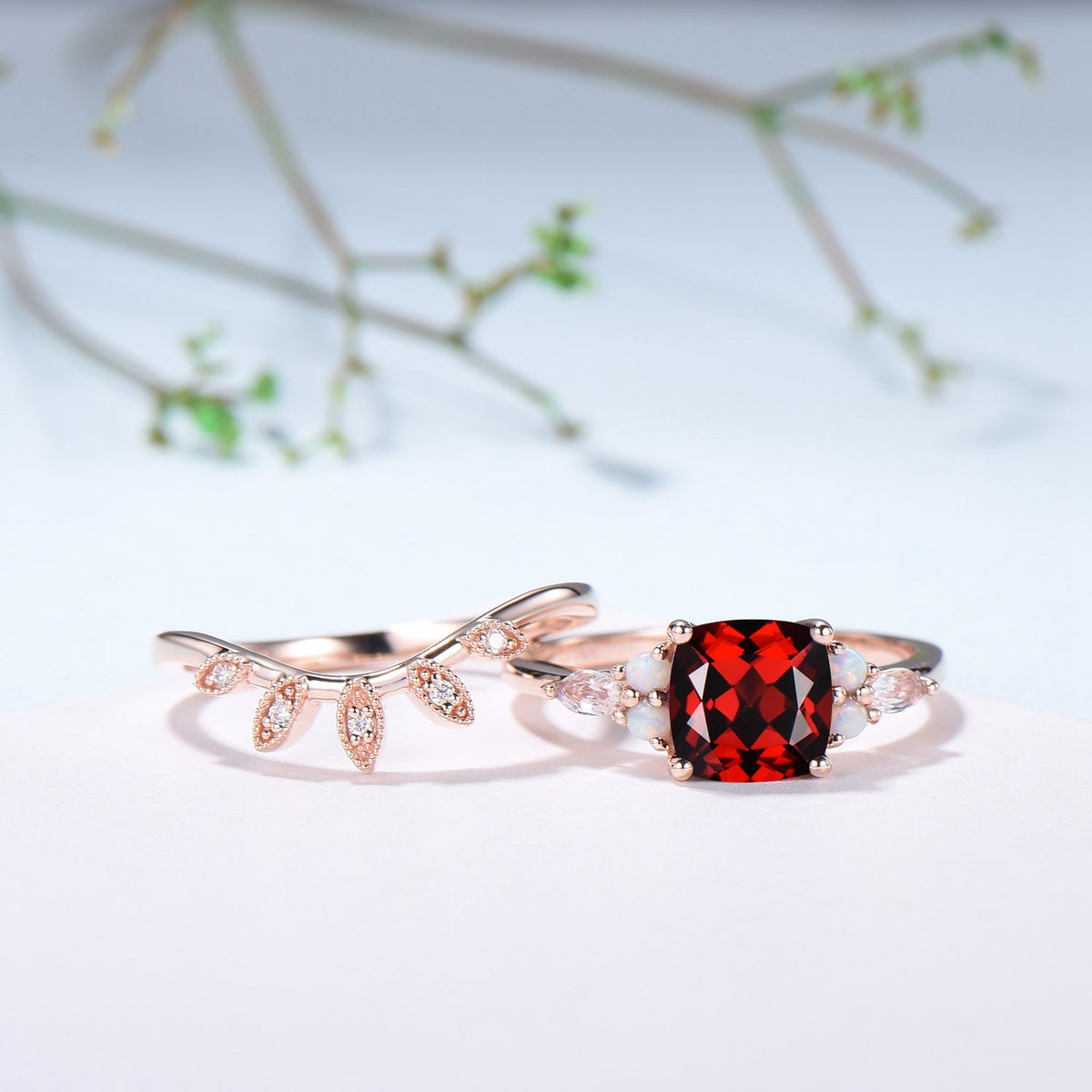 Vintage Garnet Ring For Women Cushion Garnet Engagement Ring Set Unique Opal Moonstone Wedding Ring Curved Moissanite Band Anniversary Gift - PENFINE