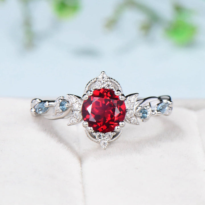 Crescent Moon Ruby Engagement Ring Set Unique Nature Inspired Swiss Topaz Wedding Ring Open Gap Black Spinel Stacking Bridal Ring Set Women - PENFINE