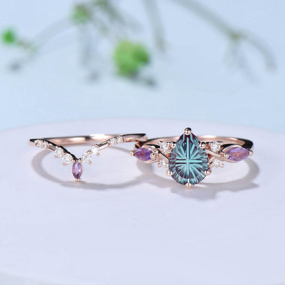 Pear Shaped Fantasy Cut Color-change Alexandrite Wedding Ring Amethyst Diamond Bridal Set