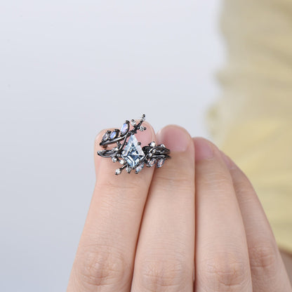 Gothic Aquamarine ring set Unique 7x10mm kite cut aquamarine engagement ring set black gold marquise moonstone nature inspired wedding set