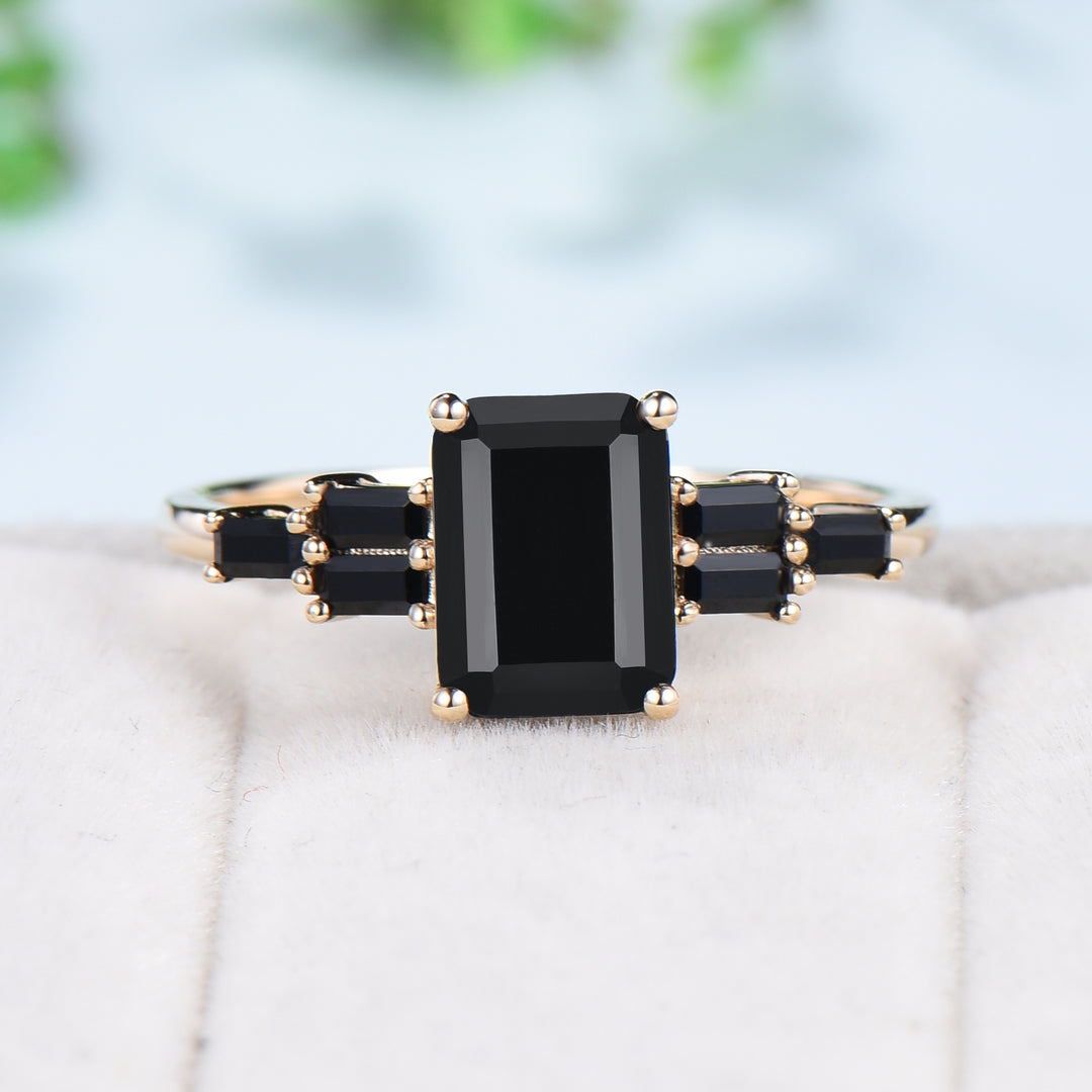 Natural Emerald Cut Black Onyx Engagement Ring Cluster Baguette Rose Gold Black Gemstone Wedding Ring Antique Anniversary Gift For Women - PENFINE