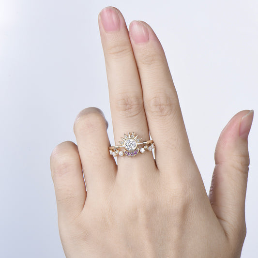 Unique 0.5 Carat Moissanite Ring Crescent Moon Moissanite Engagement Ring Set Sun And Moon Wedding Ring Art Deco Star Bridal Ring Set Women