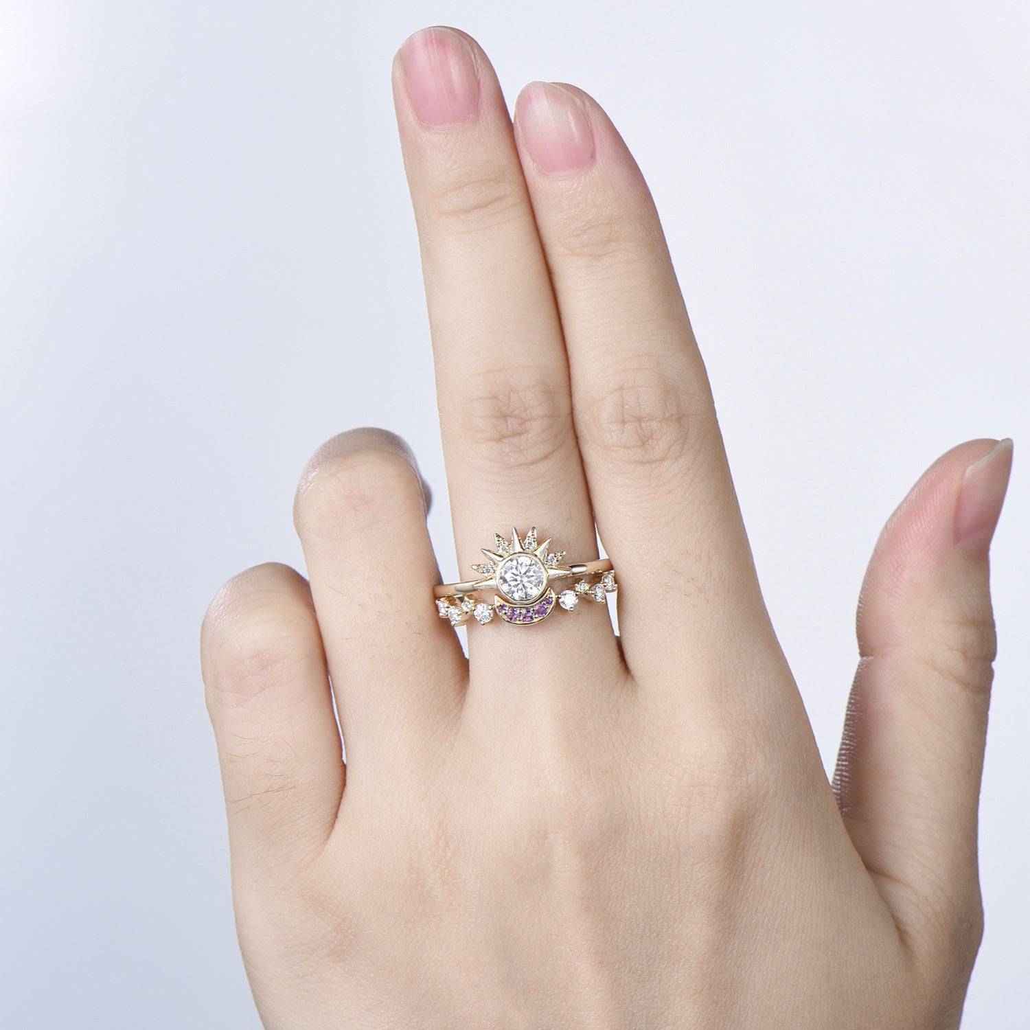 Unique 0.5 Carat Moissanite Ring Crescent Moon Moissanite Engagement Ring Set Sun And Moon Wedding Ring Art Deco Star Bridal Ring Set Women