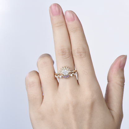 Unique 0.5 Carat Moissanite Ring Crescent Moon Moissanite Engagement Ring Set Sun And Moon Wedding Ring Art Deco Star Bridal Ring Set Women