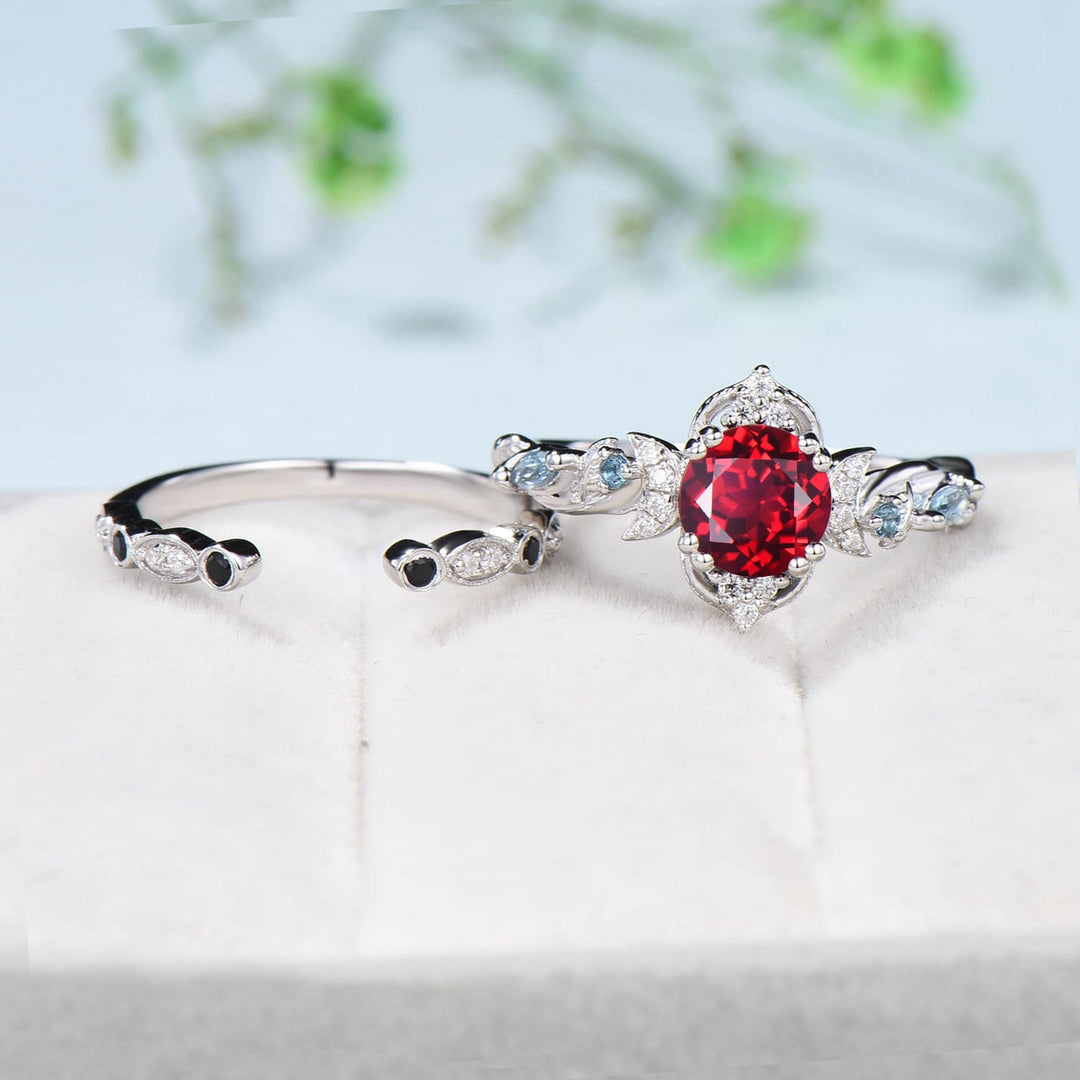 Crescent Moon Ruby Engagement Ring Set Unique Nature Inspired Swiss Topaz Wedding Ring Open Gap Black Spinel Stacking Bridal Ring Set Women - PENFINE