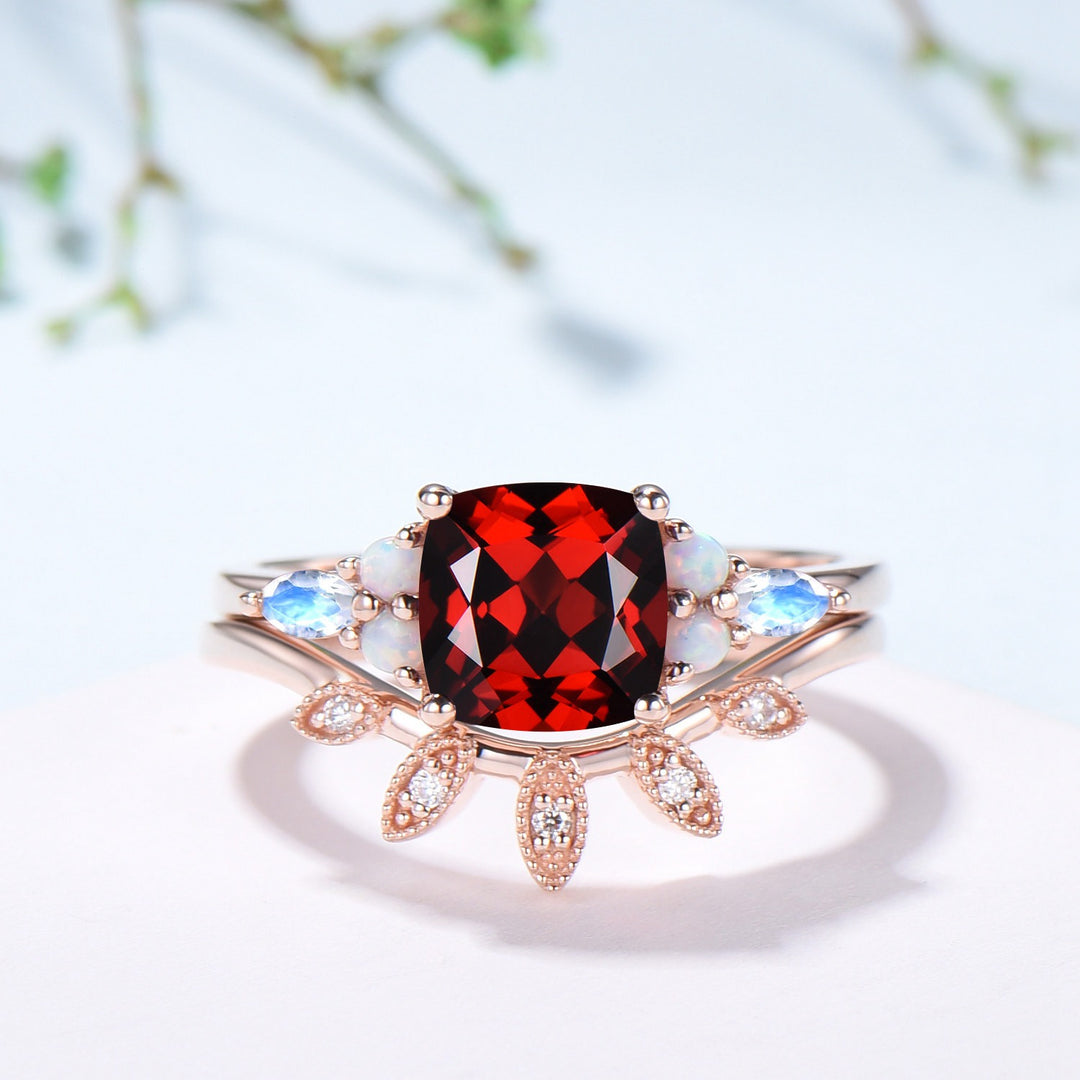 Vintage Garnet Ring For Women Cushion Garnet Engagement Ring Set Unique Opal Moonstone Wedding Ring Curved Moissanite Band Anniversary Gift - PENFINE