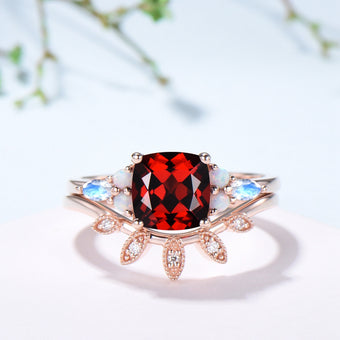 Vintage Garnet Ring For Women Cushion Garnet Engagement Ring Set Unique Opal Moonstone Wedding Ring Curved Moissanite Band Anniversary Gift - PENFINE