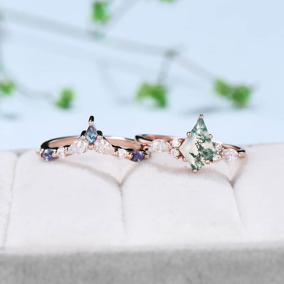 Vintage moss agate ring rose gold unique Kite cut aquatic agate engagement ring cluster alexandrite moissanite gold bridal wedding ring set - PENFINE