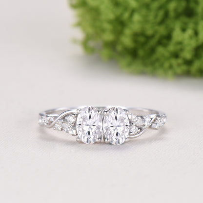 Toi et Moi Oval Moissanite Engagement Ring | Two Stone 14K White Gold Vine Anniversary Ring - PENFINE
