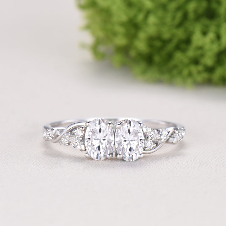 Toi et Moi Oval Moissanite Engagement Ring | Two Stone 14K White Gold Vine Anniversary Ring - PENFINE
