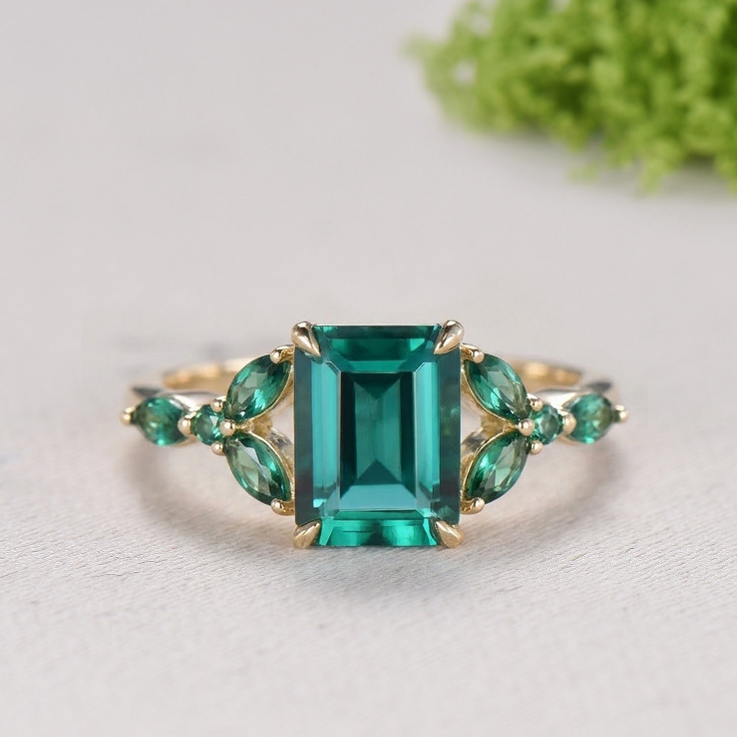 Yellow Gold Emerald Cut Emerald Engagement Ring Art Deco Marquise May Birthstone Wedding Ring Promise Ring Gift for Women