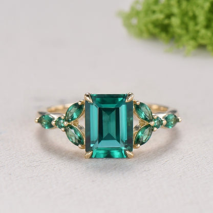 Yellow Gold Emerald Cut Emerald Engagement Ring Art Deco Marquise May Birthstone Wedding Ring Promise Ring Gift for Women