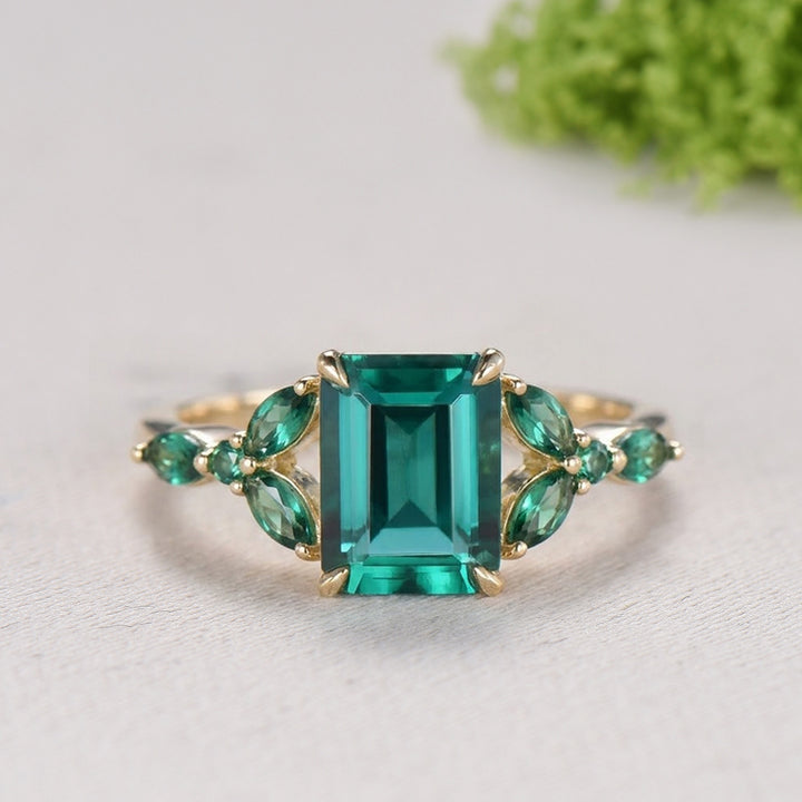 Yellow Gold Emerald Cut Emerald Engagement Ring Art Deco Marquise May Birthstone Wedding Ring Promise Ring Gift for Women