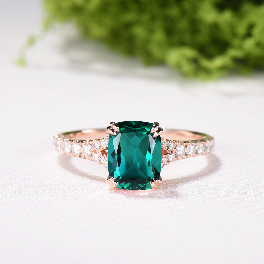Vintage Cushion Cut Emerald Engagement Ring, Rose Gold Split Shank Pave Diamond Ring - PENFINE