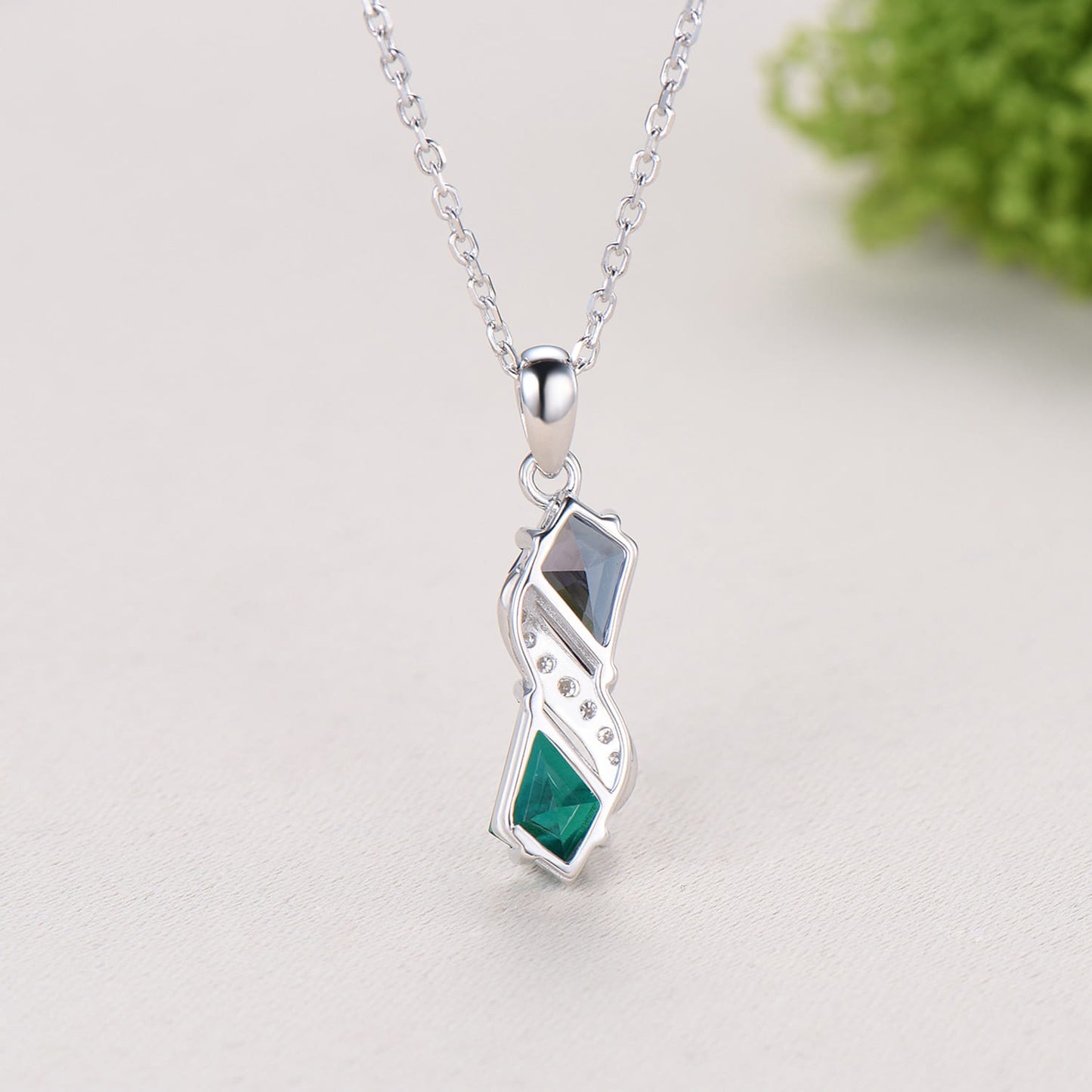 Two-Tone Kite Cut Alexandrite and Emerald Necklace Pendant | White Gold Moissanite Accent Snake Necklace - PENFINE