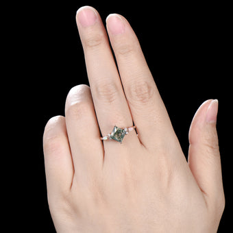 2CT Natural Princess Cut Moss Agate Engagement Ring: Moissanite & Marqusie Opal Accents