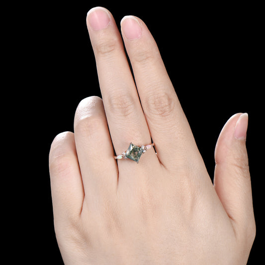 2CT Natural Princess Cut Moss Agate Engagement Ring: Moissanite & Marqusie Opal Accents