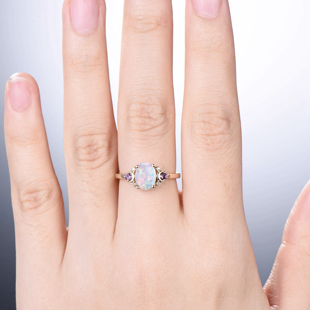 Vintage Opal Engagement Ring Rose Gold Unique Nature Inspired Moon Amethyst Ring Unique Alternative October birthstone Wedding Ring Women - PENFINE