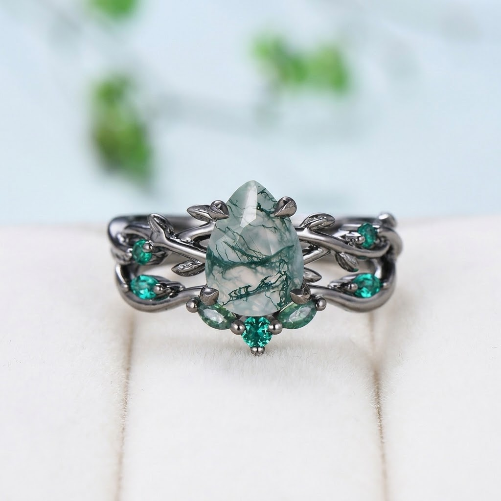 1.25Ct Pear Shaped Moss Agate Engagement Ring Set Black Gold, Art Deco Leaf Vine Wedding Set