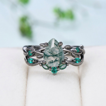 1.25Ct Pear Shaped Moss Agate Engagement Ring Set Black Gold, Art Deco Leaf Vine Wedding Set