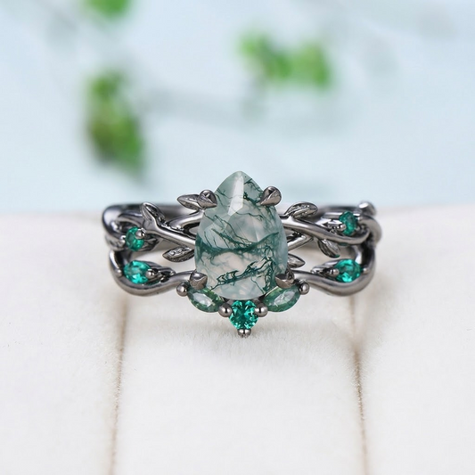 1.25Ct Pear Shaped Moss Agate Engagement Ring Set Black Gold, Art Deco Leaf Vine Wedding Set