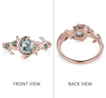 Leaf Moon Star moss agate engagement ring, 10k rose gold, size US 5.5