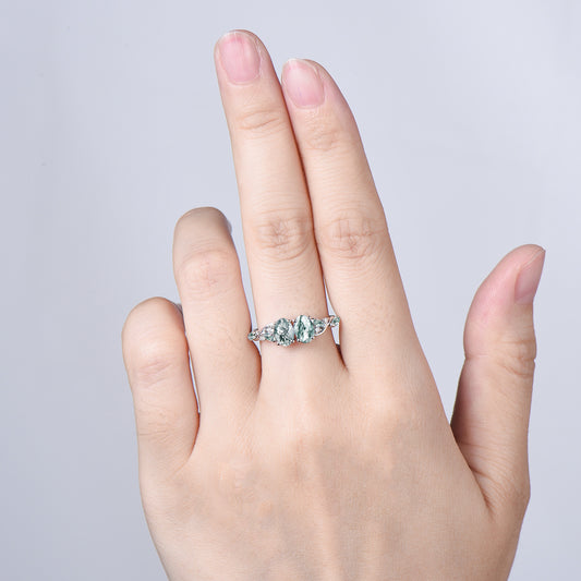 Natural Oval Cut Toi et Moi Moss Agate Engagement Ring | 14K White Gold Marquise Cut Vine Eternity Band - PENFINE