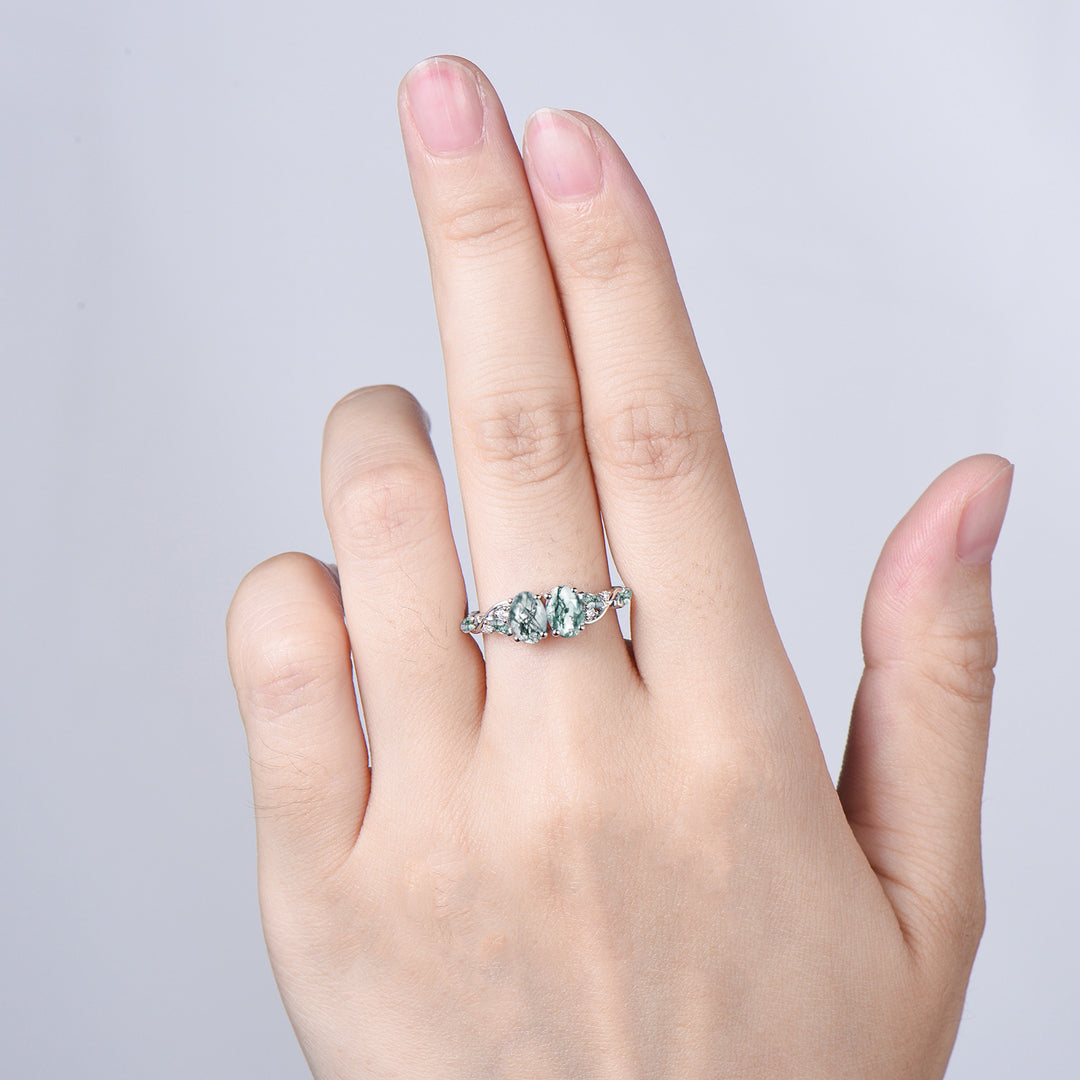 Natural Oval Cut Toi et Moi Moss Agate Engagement Ring | 14K White Gold Marquise Cut Vine Eternity Band - PENFINE