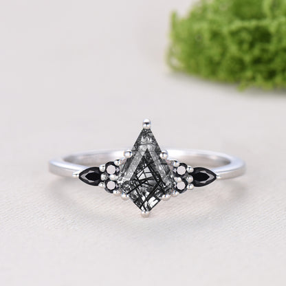 Vintage Kite Cut Black Rutilated Quartz Engagement Ring, 14K White Gold Pear Spinel Wedding Set