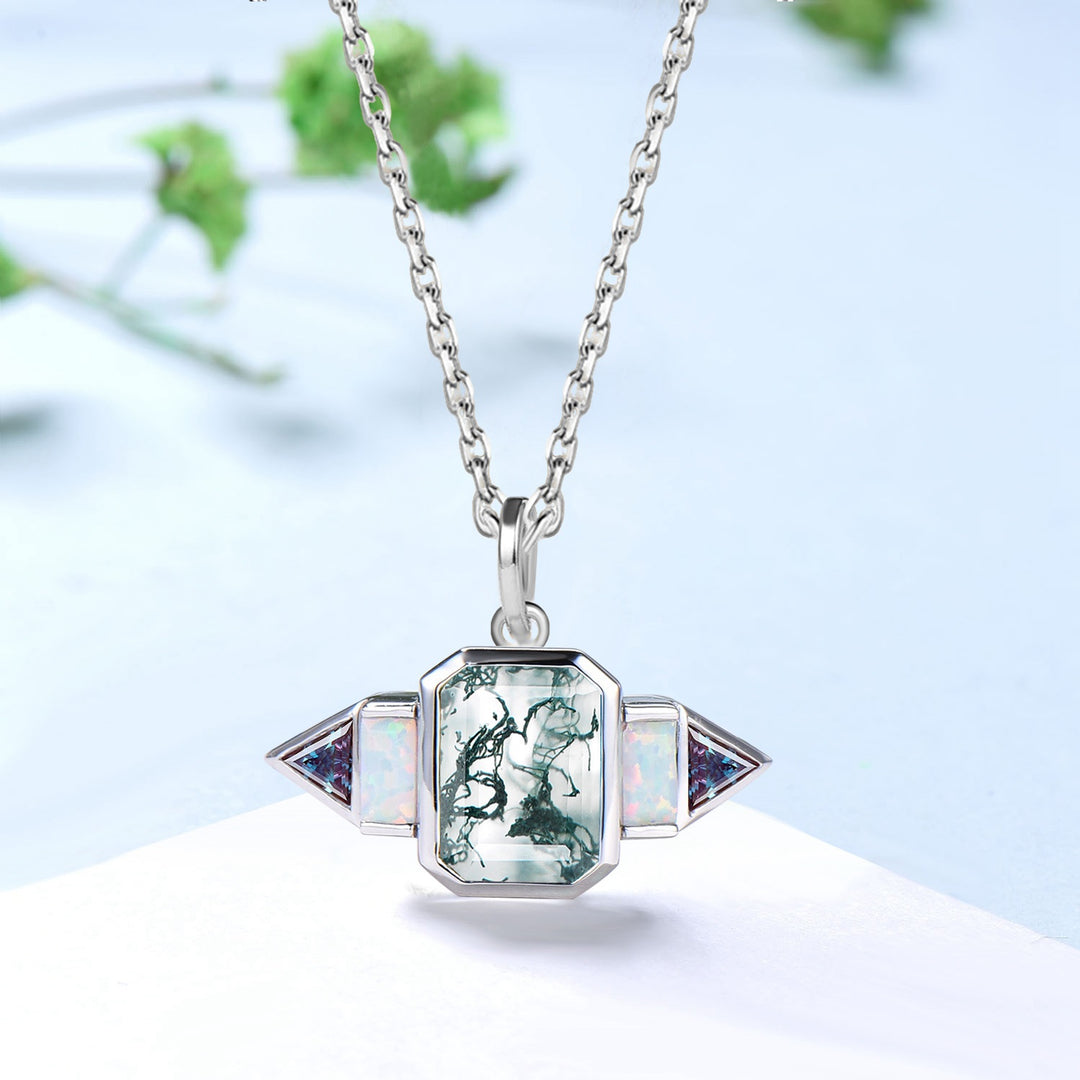 Vintage Emerald Cut Moss Agate Pendant Necklace, Baguette White Opal & Trillion Alexandrite Unique Gift for Her Birthday Anniversary Present - PENFINE