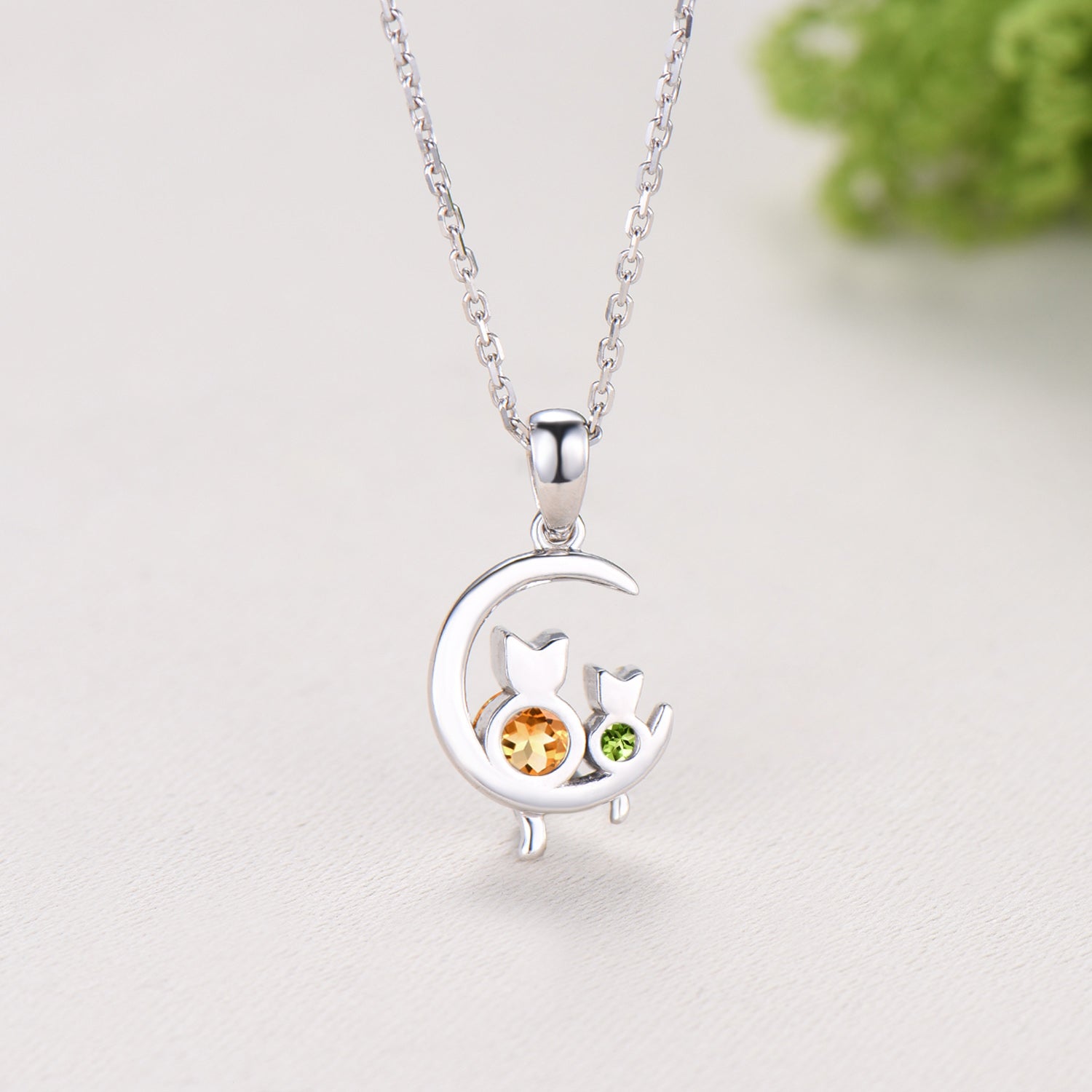 Art Deco cat citrine peridot necklace silver white gold moon family pendant anniversary promise gift for women