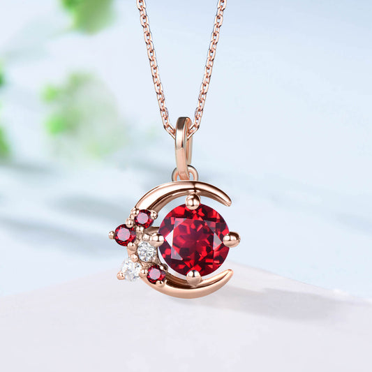 Vintage Crescent moon Ruby pendant necklace cluster moissanite moon pendant necklace 14k/18k rose gold star necklace promise gift for women - PENFINE